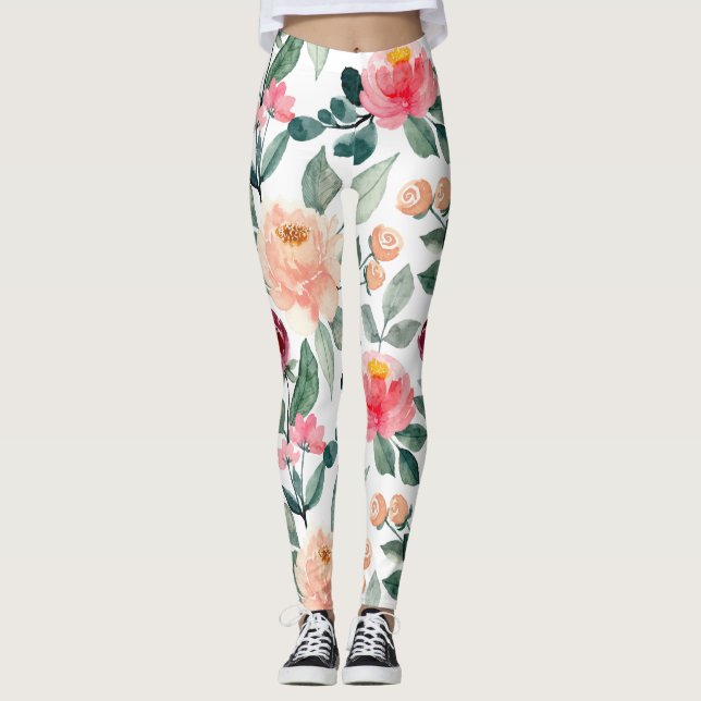 Legging Padrão de Aquarela dos Rosas Florais Cor-de-Água (Frente)