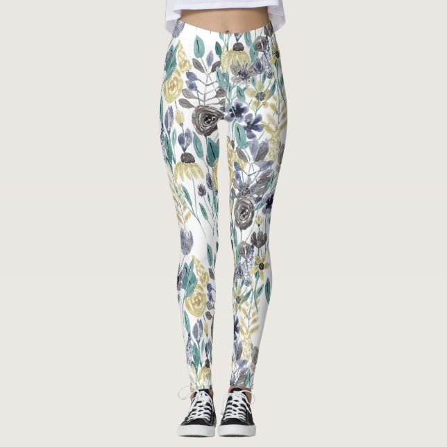 Legging Padrão de Aquarela Floral Amarelo da Cinza Moderna (Frente)