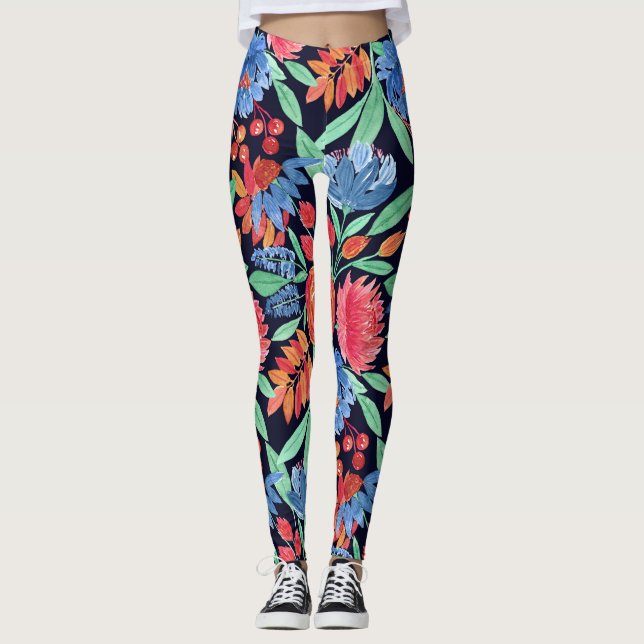 Legging Padrão de Aquarela Floral Azul de Artsy Coral Mode (Frente)