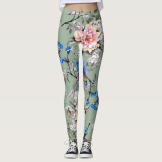 Legging Padrão de Aquarela Floral de Fundo Verde.