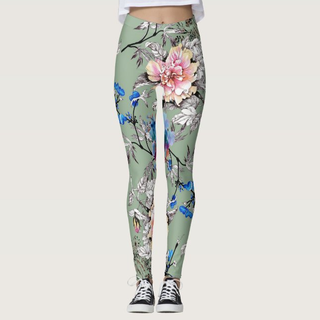 Legging Padrão de Aquarela Floral de Fundo Verde. (Frente)