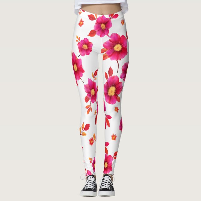 Legging Padrão de Aquarela Floral Rosa Vibrante (Frente)