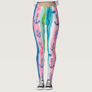 Legging Padrão de aquarela náutica retrô (4)