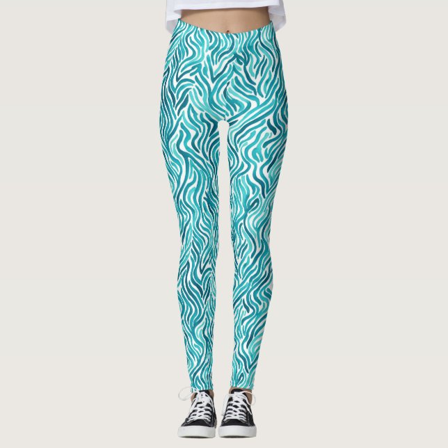 Legging Padrão de Aquarela Trendy Turquoise Ocean Waves (Frente)