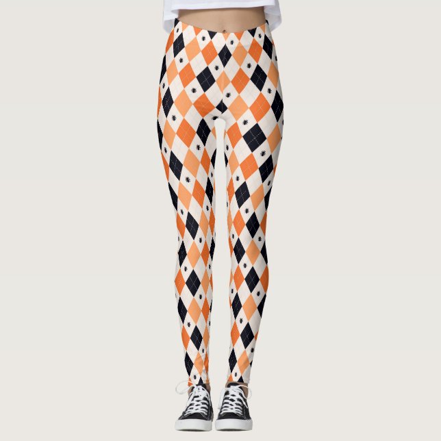 Legging Padrão de Argyle de Aranha Negra e Laranja do Hall (Frente)