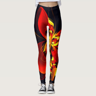 Legging Padrão de Arte Abstrata Floral Amarelo Vermelho Mo