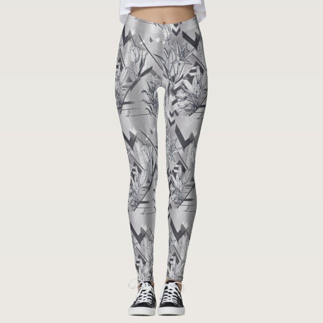 Legging Padrão de Arte de Linha de Tulipa Geométrica Moder (Frente)