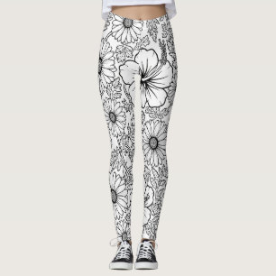 Legging Padrão de Arte de Linha Floral Preto e Branco Eleg