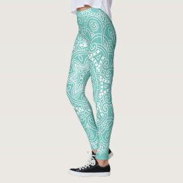 Legging Padrão De Arte De Mandala Branco Sobre Verde Azul