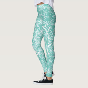 Legging Padrão De Arte De Mandala Branco Sobre Verde Azul