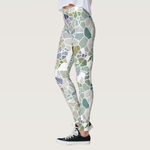Legging Padrão de Arte do Mosaico Azul Verde-Suave Retroat