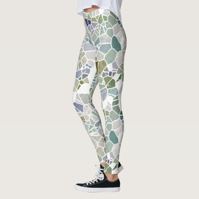 Legging Padrão de Arte do Mosaico Azul Verde-Suave Retroat (Esquerda)