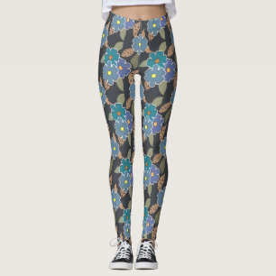 Legging Padrão de Arte Floral com Flores Periwinkle