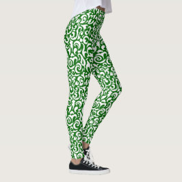 Legging Padrão de Arte Floral do Damasco Verde Verde Escur