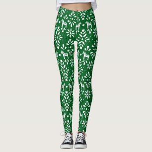 Legging Padrão de Arte Folclórica de Cavalo Verde e Branco