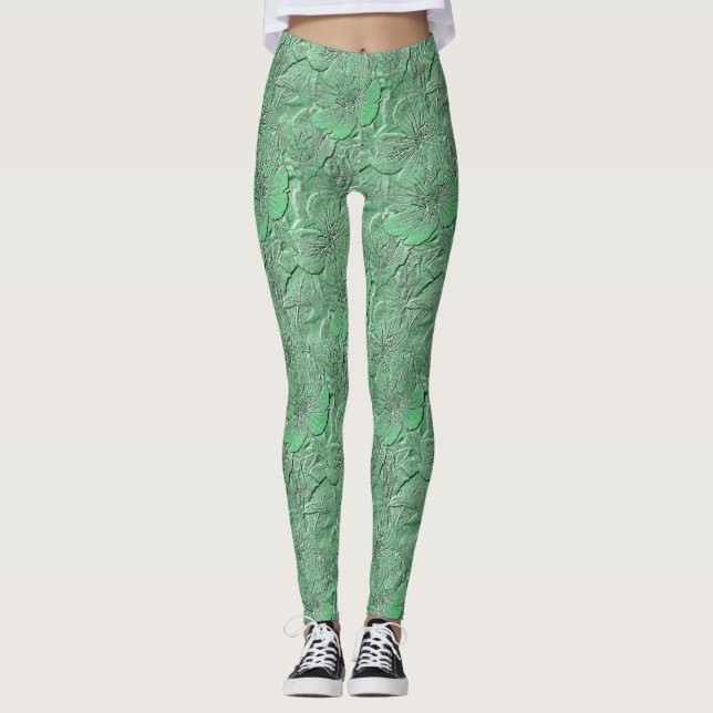 Legging Padrão de arte natural das flores verdes (Frente)