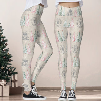 Legging Padrão de Árvore de Natal do Carimbo de Vintage