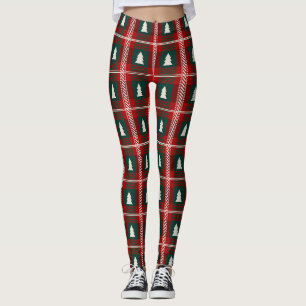 Legging Padrão de Árvore de Natal em Xadrez Patchwork