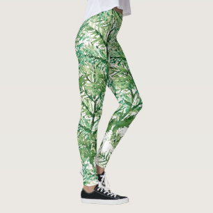 Legging Padrão de árvore pintada à mão verde branco