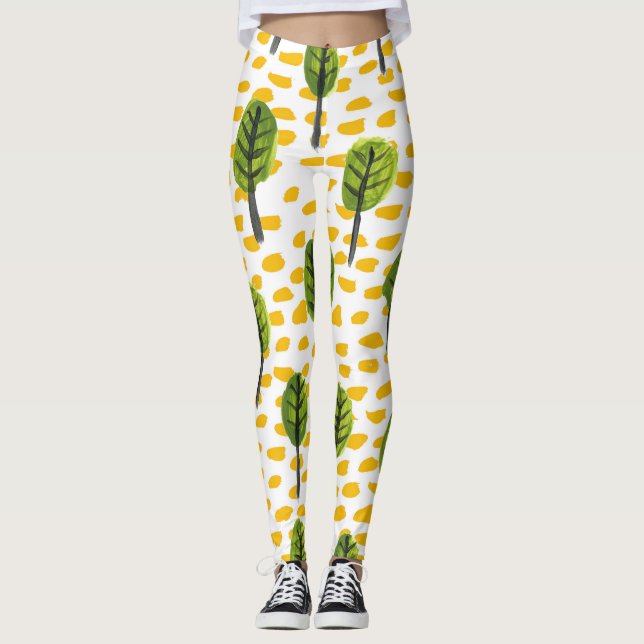 Legging Padrão de Árvore Preta Verde Ingênuo (Frente)