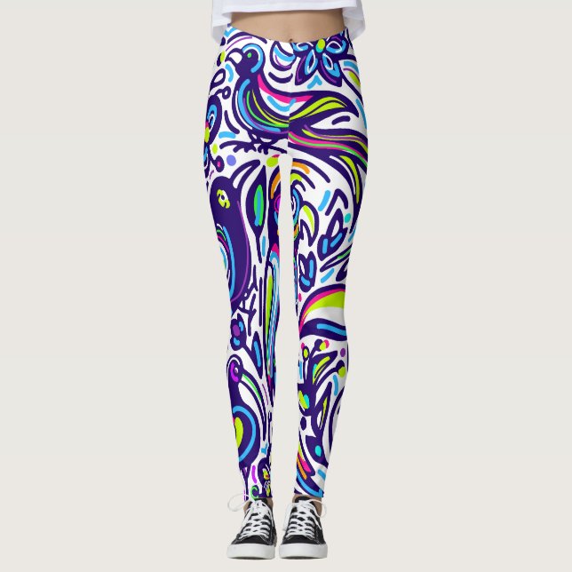 Legging Padrão de aves boho l Elegante azul e branco (Frente)