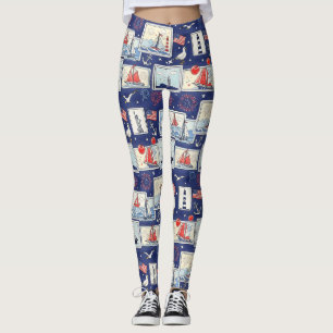 Legging Padrão de Azulejo de Corte de Papel Patriótico em 