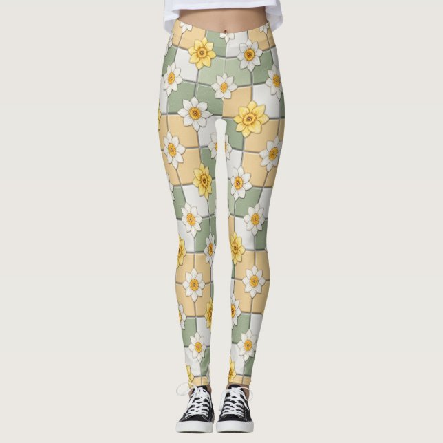Legging Padrão de Azulejo Floral de Narciso (Frente)