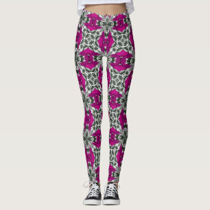 Legging Padrão de Azulejo Repetido Rosa Cinza e Branco