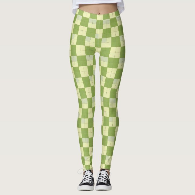Legging Padrão de Azulejo Verificado Verde e Creme (Frente)