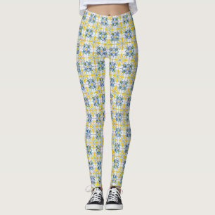 Legging Padrão de azulejos bonito portugueses azuis e amar