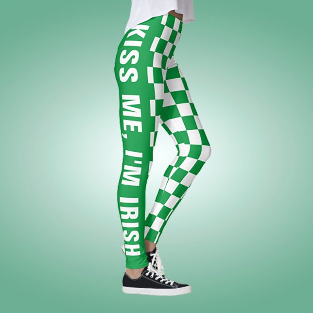 Legging Padrão de bandeira xadrez verde e branco com texto (Criador carregado)