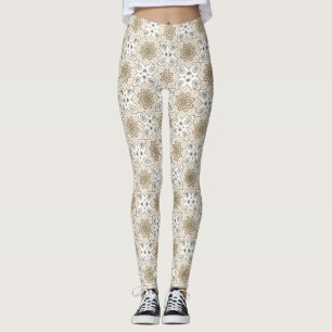 Legging Padrão de Batik no Círculo de Mandala Floral Beige