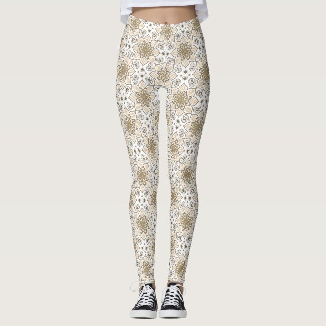 Legging Padrão de Batik no Círculo de Mandala Floral Beige (Frente)