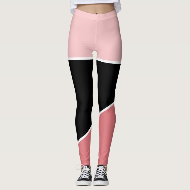 Legging Padrão de bloco de cor rosa preto clássico (Frente)