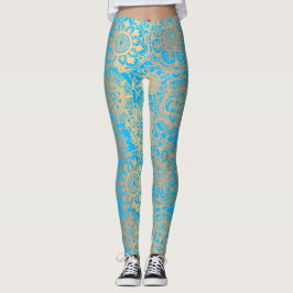 Legging Padrão de Boho Mandala Azul e Dourado Yoga