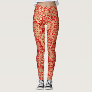 Legging Padrão de Boho Mandala Vermelho e Dourado Yoga