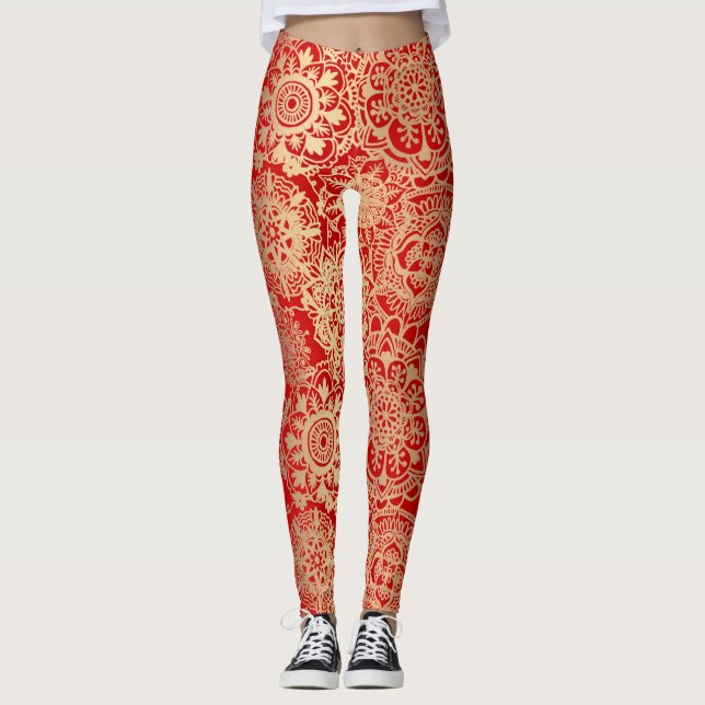 Legging Padrão de Boho Mandala Vermelho e Dourado Yoga (Frente)