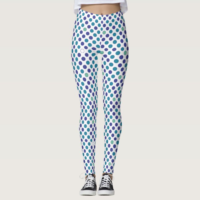 Legging padrão de bolinhas azul e roxa em branco (Frente)