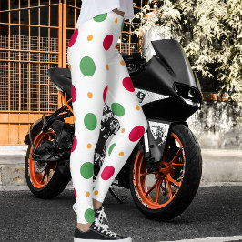 Legging Padrão de Bolinhas Vermelho Branco Verde Natal Inv