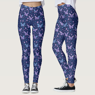Legging Padrão de Borboleta Azul Roxo Romântico Chic Femin