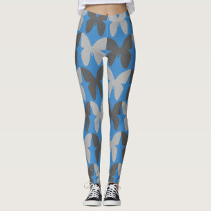 Legging Padrão de borboletas azuis e cinzas