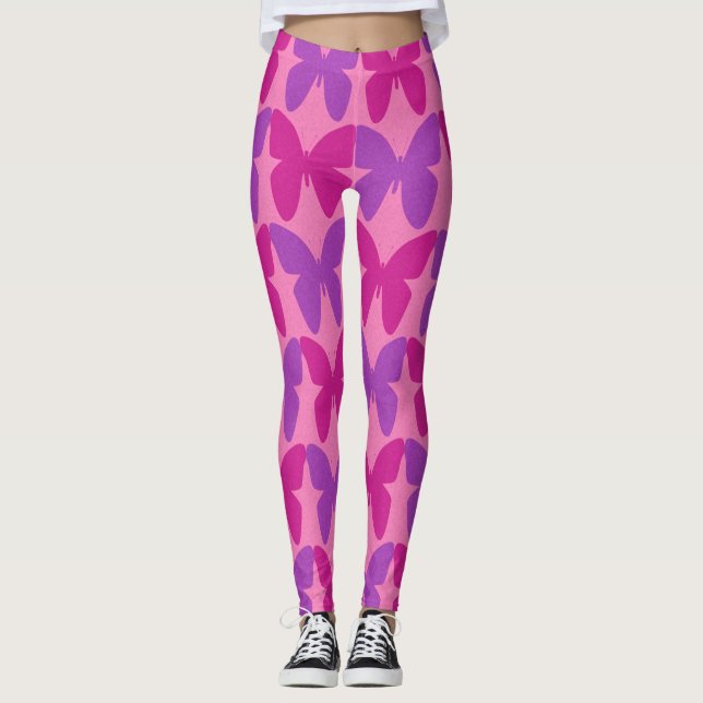 Legging Padrão de borboletas rosa e roxa (Frente)