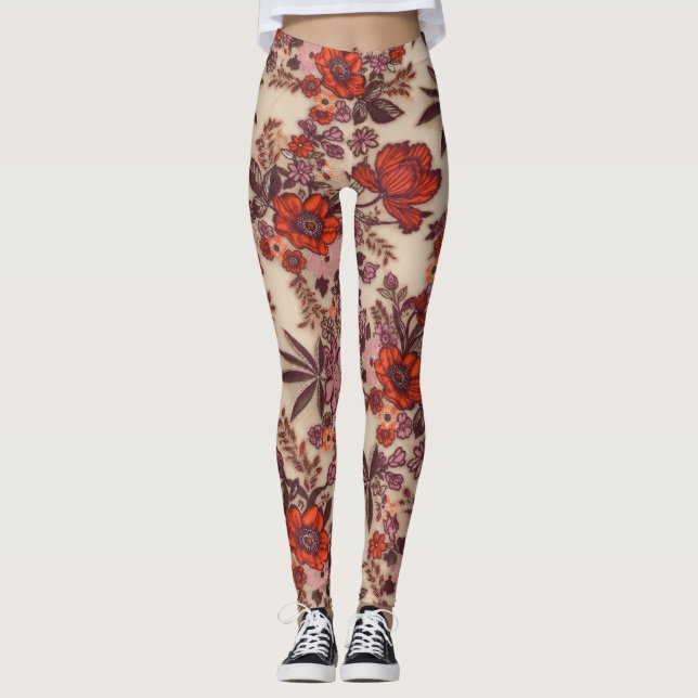 Legging Padrão de Bordado Floral Laranja com Brilho na Cre (Frente)