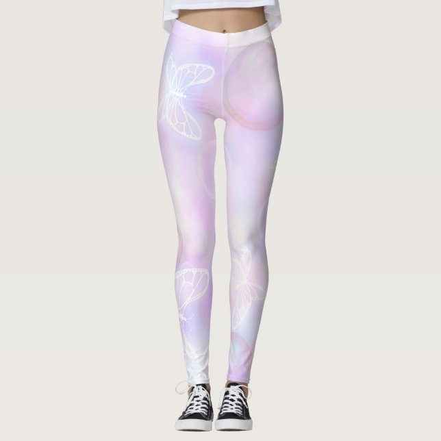 Legging Padrão de Brilho de Borboleta Rosa Suave (Frente)