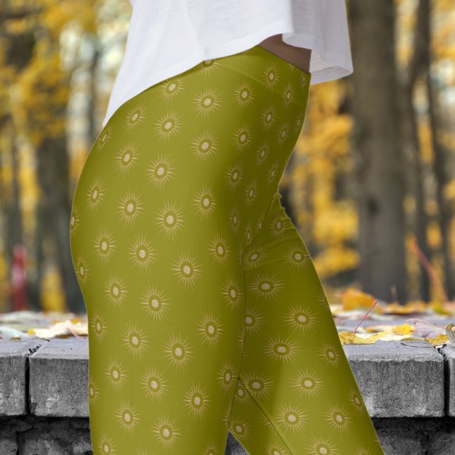 Legging Padrão de Burst do Sol Verde na moda oliva (Sun Burst on Olive)