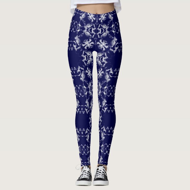 Legging Padrão de caleidoscópio de renda azul e cinza (Frente)