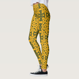 Legging Padrão de Caleidoscópio de Renda Verde e Dourado #