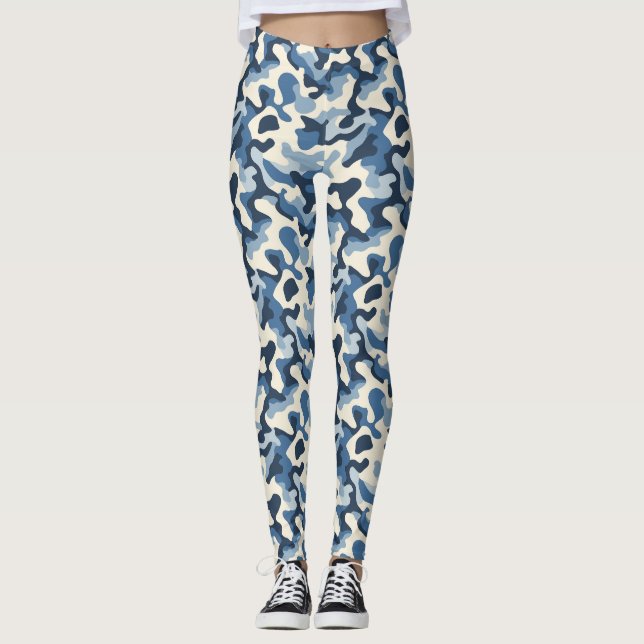Legging Padrão de Camo Retroativo Azul, Branco e Preto (Frente)