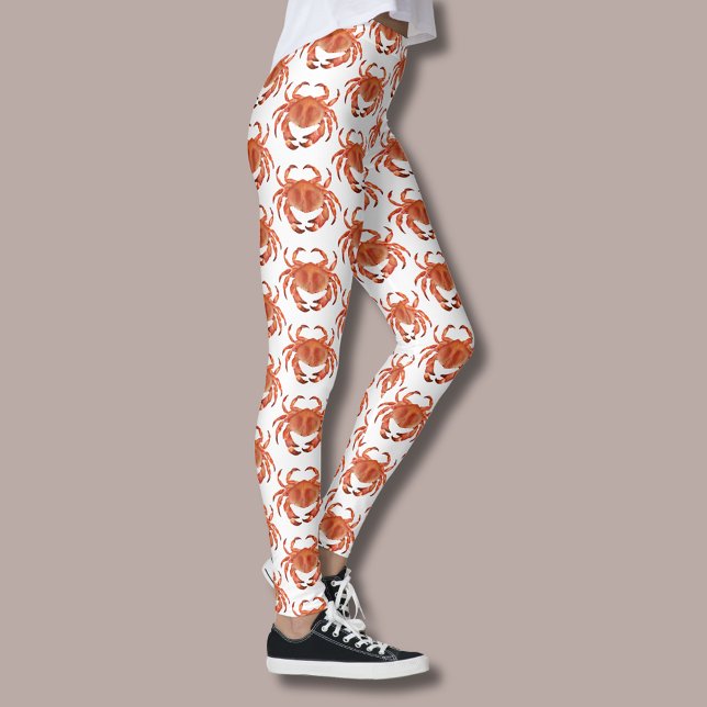 Legging Padrão de caranguejo costeiro (Brown crab coastal crustacean leggings on white)