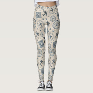Legging Padrão de Carimbo de Passaporte de Aviação Vintage